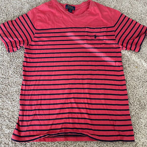 Polo Ralph Lauren Boys XL (18-20) Striped Red  T-shirt Logo V-Neck Short Sleeve